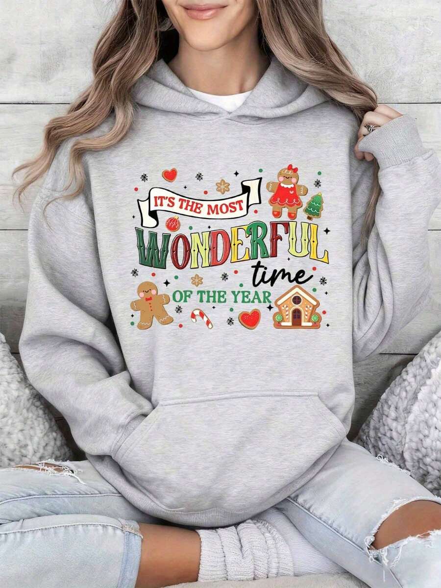Christmas Hoodie Gray Its The Most Wonderful Time Of The Year Gingerbread House And Cookie Print Holiday Sweatshirt Women Winter Casual Wear - Grey - View 1