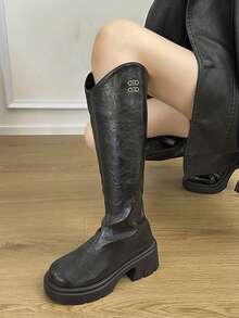Bally V-Cut Tall Elastic Boots, Thick Sole, Thermal Lining, Slimming Riding Boots For Winter - Black - View 4