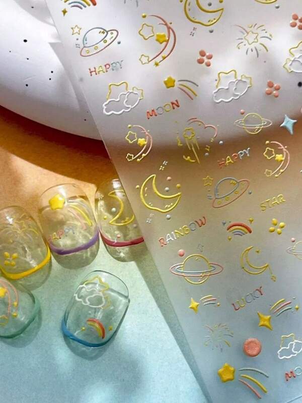 1pc Christmas New Ins Fireworks 5D Stereo Nail Stickers Cartoon Rainbow Starry Sky Embossed Stickers Nail Art Decorations, Exquisite And Versatile