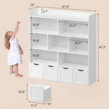 Asofer Kids Bookcase Cabinet And Toy Storage ,Wooden Toddler Bookshelf With Toy Storage Organizer,Book Shelf  With 8 Open Shelves And 4  Drawers With Hidden Wheels For Playroom Nursery Kids Room, White - White - View 3