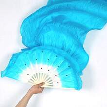 Hand Made Belly Dance Dancing Silk Long Fans, Women Dance Costume Long Silk Fans Silk Fan(Blue) - 藍色 - 查看 3