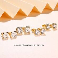 Cubic Zirconia Stud Earrings 18K White Gold Hypoallergenic Sterling Silver Post Earrings Brilliant Large Simulated... - Gold Tone - View 2