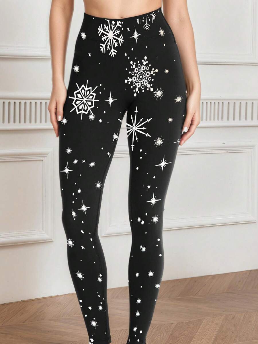 1件装女士舒适时尚星形侧条纹紧身七分打底裤，高弹力 - 黑色 - 查看 1