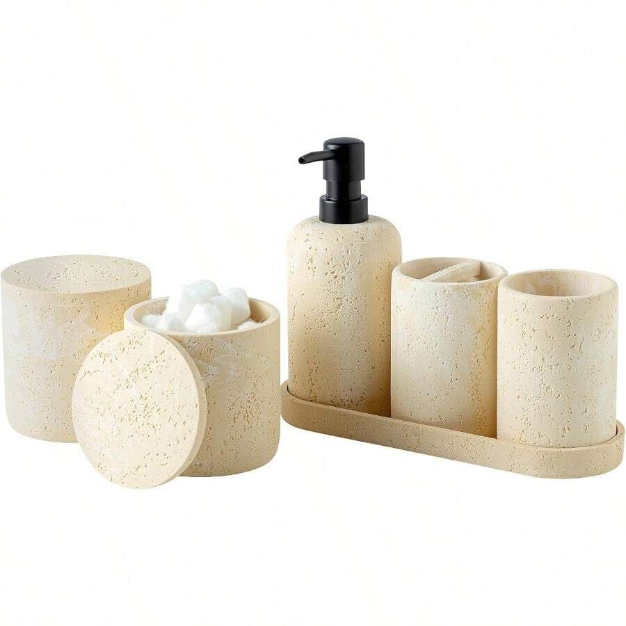 SUQLBathroom Accessories Set Travertine Stone-Look 6 PCS Bathroom Accessory Set With Soap Dispenser Toothbrush Holder Tumbler Vanity Tray Cotton Swab Jars For Countertop Yellow J - 黃色 - 查看 1
