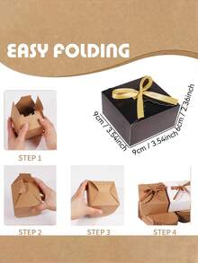 12个棕色礼品盒，小牛皮纸盒，带丝带，用于包装糖果、饼干、巧克力、工艺品、蜡烛、小礼物，尺寸约为3.54 x 3.54 x 2.36英寸（约9 x 9 x 6厘米） - 黑色+金色絲帶 - 查看 5