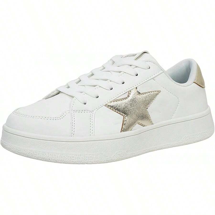 Niluber Star Sneakers For Women Low Top Cushioned White Gold Sliver Leopard Platform Sneakers Lace Up Red Glitter Platform Party ShoesChristmas - 白色 - 查看 1