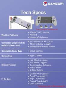 GAMESIR GameSir G8 Galileo Mobile Gaming Controller Compatible With IPhone 17 16 15 Series IOS Android Cellphone Gamepad Game Controle With Hall Effect Joystick And Triggers For Mobile Phone Cloud Gaming Egg Ns Emulators Adapted To Size 110-185mm In Length Support Game Pass Steam Link Moonlight PS Remote Play Softwares Detachable Faceplates 2 Mappable Back Buttons 3.5mm Audio Jack 5 Million-Click Lifespan ABXY Buttons, Type-C Wired Connected, Grey