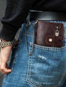 Men's Bifold Wallet, Genuine Leather Wallet, RFID Blocking Card Holder, Chain Simple Wallet, Zipper Coin Purse, With ID Window, Gift For Men - Brown - View 2