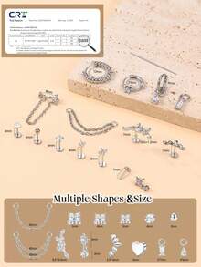 17Pcs 16G/18G/20G Threadless Flat Back Earrings 316L Surgical Steel Cartilage Earring Stacks Flatback Push In Nose Rings Studs Hypoallergenic Tragus Helix Conch Labret Medusa Piercing Jewelry - Style2-Silver - 查看 5