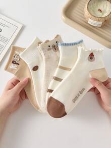 5 Pairs Women Cute Cartoon Animal Print Breathable Striped Polka Dot Ankle/Crew Socks, White, Suitable For Casual Daily Wear, Autumn/Winter - Multicolor - View 7