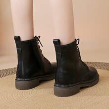 1 paire de bottes de moto style western pour femmes, avec fermeture éclair latérale, œillets métalliques, lacets, doublure thermique chaude, antidérapante, convient pour les vacances et l'hiver - Noir - Voir 4