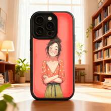 Cubierta de teléfono con diseño de dibujos animados mujer sonriente roja con estampado de lunares para uso diario en casa biblioteca Aplicable a teléfonos Apple y Galaxy. - Burdeos - Ver 5