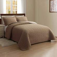Elegant Comfort 3pcs Majestic Quilt Set Bedspreads, Ultra-Soft Comfortable Bedspread With 2 Pillow Shams Bedding, Machine Washable, Quilted Reversible Bedspread Coverlet Set, Full/Queen, King/California King And Twin/Twin XL Size Bed For All Seasons, Christmas Decorations Gifts, Cozy Winter Styles, Holiday Décor - 灰褐色/奶油色 - 查看 2