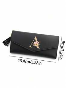 1 Pieza Cartera plegable de mujer de cuero PU negro con iniciales florales doradas A-Z, monedero lindo para niñas, cartera de moda para mujer con tarjetero mini y borla, impermeable, portátil, gran capacidad para tarjetas de crédito y efectivo, adecuada para negocios, casual, regalo de cumpleaños, regalo del Día del Maestro, regalo de Navidad.