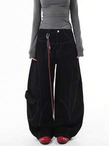 Christmas, Red Jeans, American Style, Deconstructed, Multiple Pockets, Topstitched Seams, Jazz Dance, Casual, Loose-Fitting, Streetwear, Stylish, Fluid, Wide-Leg Pants, Cargo Pants, Men's Jeans, Matching Set - màu đen - Xem 3
