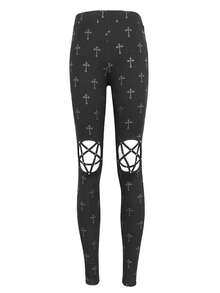 1pc Gothic Style Cross Strap Hollow Leggings, Dark Punk Daily Outfit, Autumn/Winter - Black - View 13
