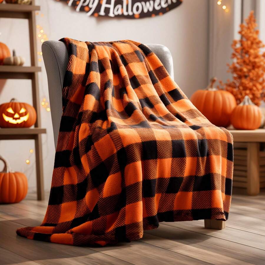 Checkered Blanket For Decor & Gift, Orange And Black Buffalo Plaid Throw Blanket For Couch, Soft & Warm Fleece Throw For Women Men Halloween Thanksgiving Fall - 橙色和黑色 - 查看 1