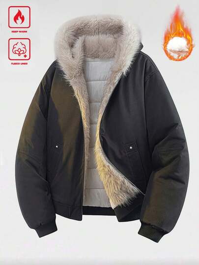 Loose Fit Men's Thick Cotton Padded Coat, Fur Collar Full Zip Closure Hooded, Fashion Minimalist, Gift For Friends, Winter