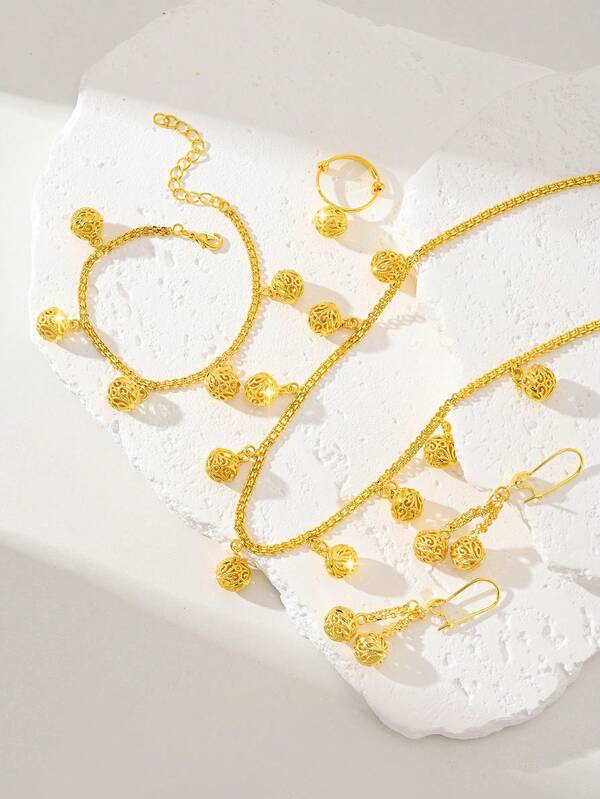 Elegant & Luxurious Women's Gold Jewelry Set/Necklace/Ring/Bracelet/Earrings, Tassel Earrings With Small Bead Pendant, Suitable For Women's Casual Wear, Wedding, Party, Mother's Gift, Gold Party Accessories, Gold Jewelry Alternative