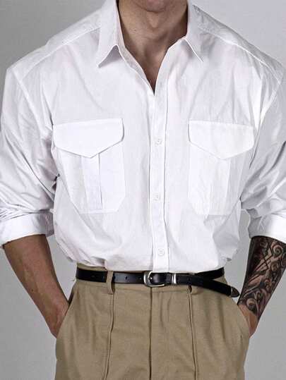 Camisa casual de manga larga con bolsillos dobles en el pecho, estilo cargo, para hombres