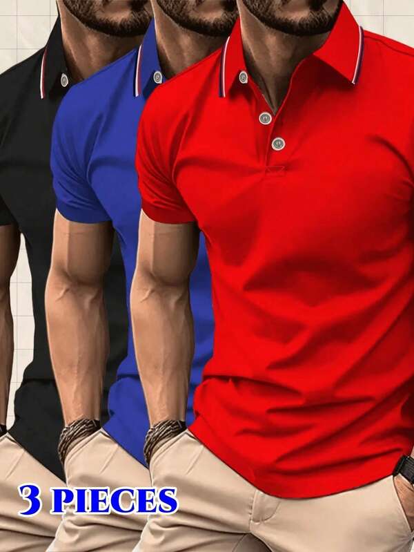 Set de 3 camisas polo de manga corta casuales y transpirables de verano para hombres, camisetas versátiles de moda para negocios y deportes, que absorben el sudor