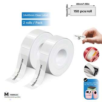  2 Packs Phomemo D30, Marklife P15 Thermal Label Maker Compatible Adhesive Clear Labels, 14mm X 40mm, 150 Labels Per Roll, Paper Material, For M1/P50/P12 Transparent Label Taper, 0.55x1.57 Inches