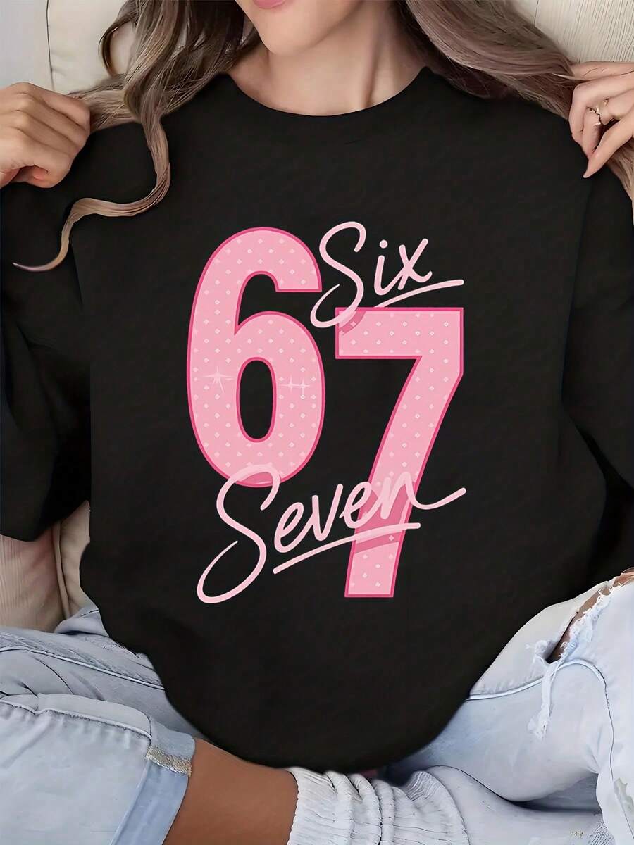 Pink 67 Six Seven Graphic Print Long Sleeve Sweatshirt Women Round Neck Casual Top For Everyday Wear And Leisure Activities - màu đen - Xem 1