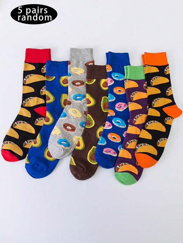5 Pares de Meias Casuais Coloridas da Moda, Meias da Série de Alimentos Unissex