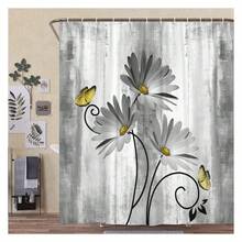 Rustic Farmhouse Shower Curtain, Farm Gray Daisy Floral Flowers And Butterfly On Country Wooden Shower Curtain For Bathroom, 70X70IN With 12PCS Hooks - 多色564 - 查看 3
