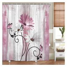 Rustic Farmhouse Shower Curtain, Farm Pink Daisy Floral Flowers And Butterfly On Country Wooden Shower Curtain For Bathroom, Pink Grey Bathroom Shower Curtains With 12PCS Hooks, 70X75IN - 多色585 - 查看 4