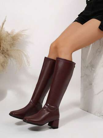 Wine Red Loose Straight Tube Knee-High Boots, Back Zipper Design, PU Leather, Chunky Heel, Fashion Boots For Autumn/Winter, Slip-On, Comfortable, Elegant & Versatile