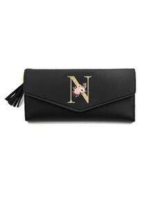 1 Pieza Cartera plegable de mujer de cuero PU negro con iniciales florales doradas A-Z, monedero lindo para niñas, cartera de moda para mujer con tarjetero mini y borla, impermeable, portátil, gran capacidad para tarjetas de crédito y efectivo, adecuada para negocios, casual, regalo de cumpleaños, regalo del Día del Maestro, regalo de Navidad.