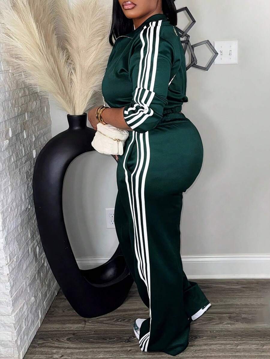 Women's Tracksuit Set, Casual LongSleeve Zip Up Jacket & Pants Set ForSpring & Fall, Women's Clothes For DailyWear - 墨綠色 - 查看 1