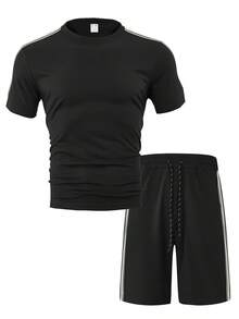 Conjunto deportivo informal ligero negro para hombres, camiseta de manga corta a rayas negras y blancas + pantalones cortos, conjunto de 2 piezas, verano - Negro - Ver 3