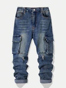 Blugi skinny albaștri elastici, spălați, cu design vintage, cu buzunare casual multifuncționale, pentru băieți - Albastru - Vizualizare 3