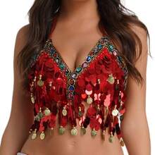Top de Dança do Ventre, Top Cropped Tubular com Lantejoulas e Glitter com Pingente de Moeda para Mulheres, Sutiã de Dança do Ventre, Acessórios de Fantasia Cinto de Quadril Brilhante para Show de Palco