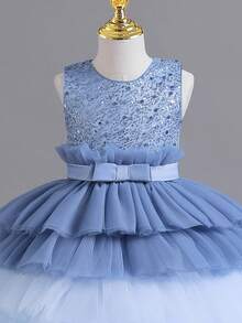 Váy công chúa cho bé gái, váy bánh kem ombre, váy cưới hoa cho bé gái dự tiệc sinh nhật, váy tay bồng sequin biểu diễn piano - Màu xanh lam - Xem 6