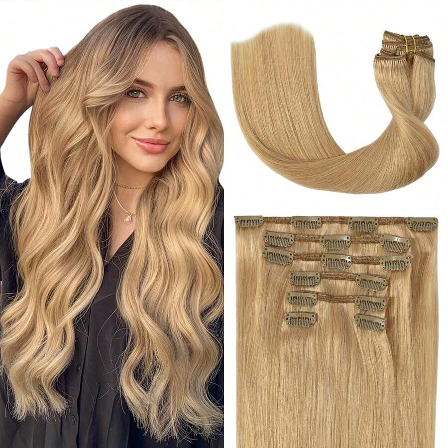 Clip In Hair Extensions Human Hair #27 Honey Blonde Clip Ins For Thickness Or Highlights 20 Inch Silky Straight Warm Blonde Hair Extensions Real Human Hair - S27 - 查看 1