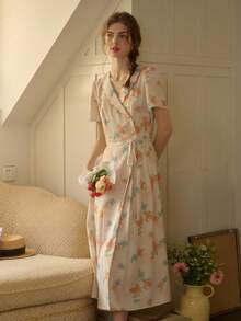 Simple Retro 女士春夏假日印花无袖杏色优雅复古休闲中长连衣裙 - 杏色 - 查看 10