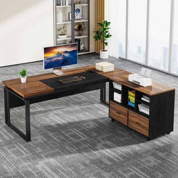LITTLE TREE L-Shaped Executive Desk With Reversible File Cabinet, 63" Office Desk With Storage Drawers, Computer Desk Set