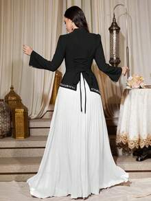Women's Black & White Contrast Color Stand Collar Asymmetrical Rhinestone Cuff Ruched Maxi Dress, Soft Fabric Birthday Party Gown Wedding - Black and White - View 2