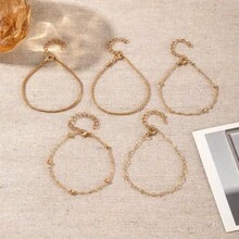 Set Of 5 Pieces Of Love Round Bead Chain Bracelet Set Women's Alloy Round Bead Chain Box Chain - Vàng - Xem 2