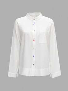 Women's Solid Color Open Collar Raglan Sleeve Colorful Button Shirt, Autumn White Spring - White - View 3