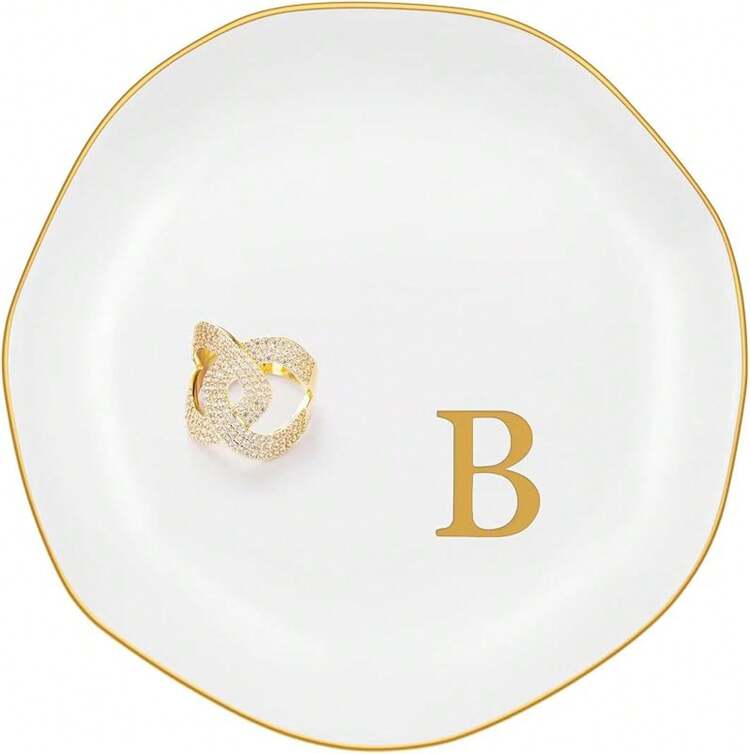 Bandeja de joyería de cerámica, plato de anillo inicial personalizado, elegante bandeja de baratija para anillos, aretes, pulseras, collares, soporte de joyería decorativo blanco para mujer - Letra B - Añade 2