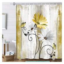 Rustic Farmhouse Shower Curtain, Farm Yellow Daisy Floral Flowers And Butterfly On Country Wooden Shower Curtain For Bathroom, Yellow Bathroom Shower Curtains With 12PCS Hooks, 60X70IN - 多色570 - 查看 1