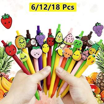 1/6/12/18pcs Cute Fruit Themed Ballpoint Pens, Black Ink Writing Pens For Office, School, Home, Party, Christmas Gifts For Students, Coworkers, Teachers, School Supplies, Party Favors, Fruit Design, Fun Stationery, Reliable Ink Flow, Retractable Mechanism, Multi-Pack Pens, Retractable Pens, Teacher Appreciation, Party Planner
