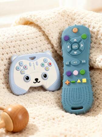 2 piezas Juguete de dentición de control de juego de oso de dibujos animados de silicona, juguete de dentición de control remoto de TV realista de silicona, juguete de dentición de control de juego educativo - Juguete perfecto para masticar y estimular los sentidos para bebés de 6 a 12 meses
