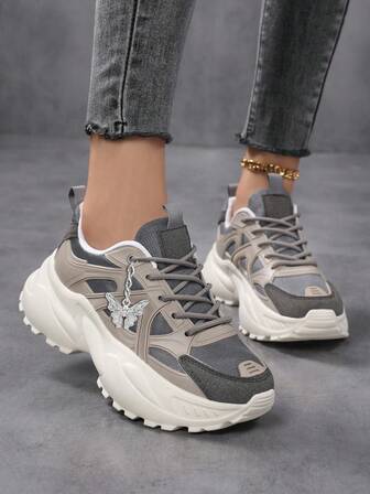 Fashion Thick Sole Women's Sports Shoes, Color Block Round Toe Leather Lace-Up Sneakers, Lightweight Breathable Athletic Shoes, Non-Slip Durable Outdoor Tennis Shoes, Platform Shoes, White Sports Shoes, Comfortable Casual Women Shoes