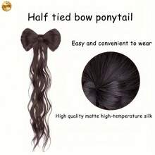 14inch Protein Silk Bowknot Ponytail Wig For Women Half Updo High Ponytail Feather Curly Hair Claw Clip Hair Bun Ancient Style Wig Braid - 深棕色 - 查看 8