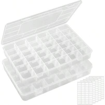 2 Pack 36 Grids Clear Stackable Plastic Organizer Storage Box Container With Adjustable Dividers For Beads Art DIY Crafts Jewelry Fishing Tackle With 5 Sheet Label Stickers